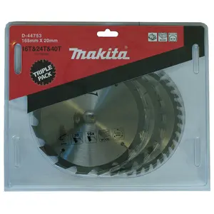 Makita D-44753 Circular saw blades, Standard T.C.T, 165 x 20 mm, 16 / 24 / 40 T, 3 pcs