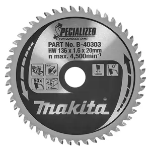 Makita B-40303 Circular Saw Blade, Specialized, TCT, 136x20mm, 50T